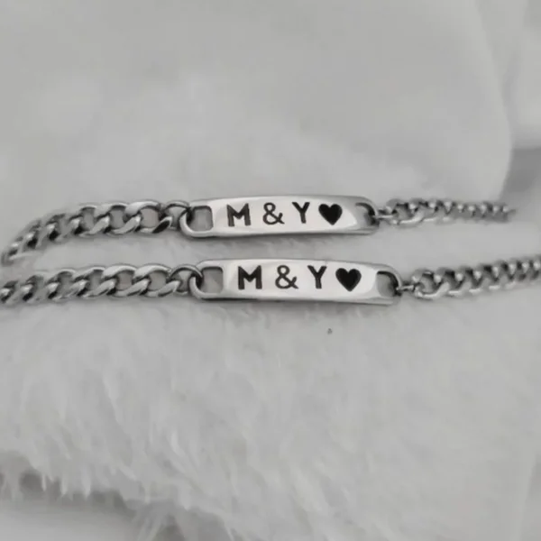 Personalised Silver Cuban Curb Chain Couple ID Bar Bracelets