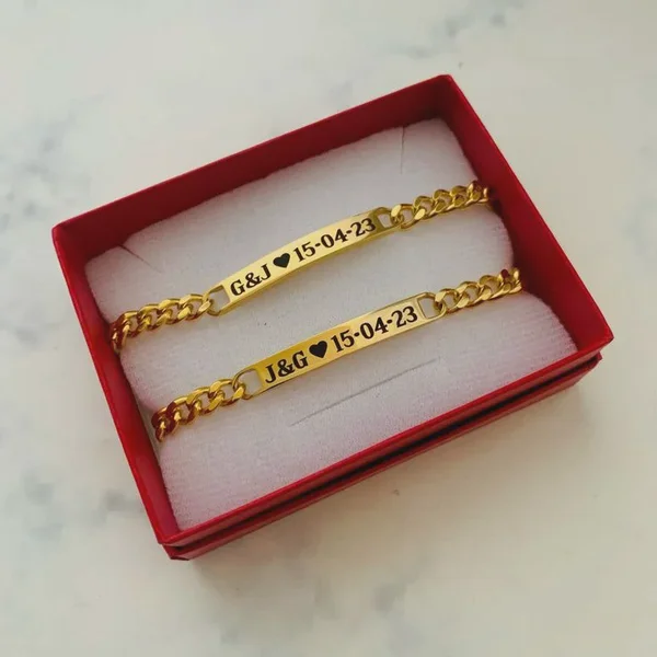 Personalised 18K Gold Plated Curb Chain Couple ID Bar Bracelets (Gift Box)