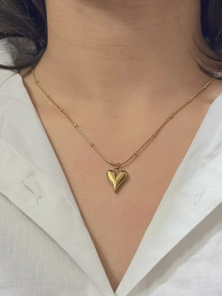 Beaded Satellite Snake Chain with Sculpted Elongated Puffy Heart Necklace