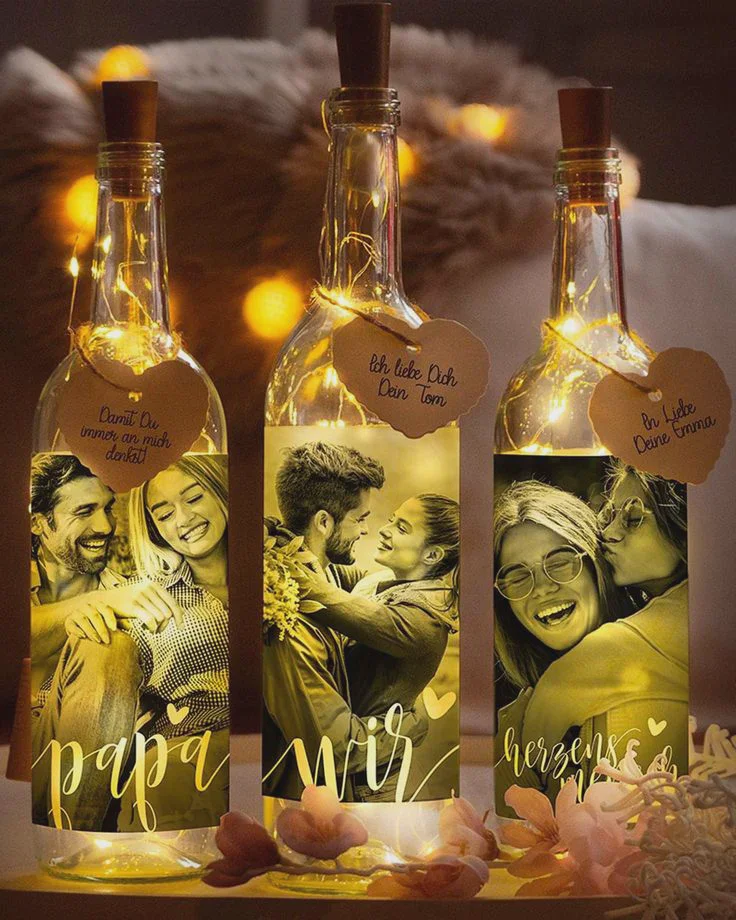 Personalised LED Fairy Light Wine Bottle Lamp with Hanging Kraft Heart