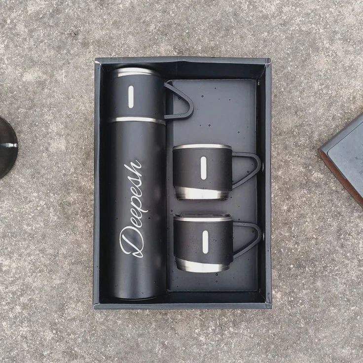 Your Name Double Wall Stainless Steel Thermo 500ml Vacuum Insulated Bottle Water Flask Gift Set with Two Cups Hot & Cold Corporate Diwali item Gift 