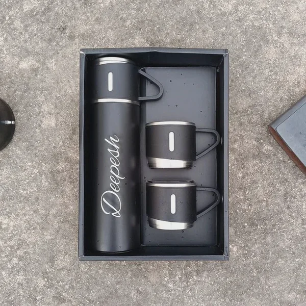 Your Name Double Wall Stainless Steel Thermo 500ml Vacuum Insulated Bottle Water Flask Gift Set with Two Cups Hot & Cold Corporate Diwali item Gift 