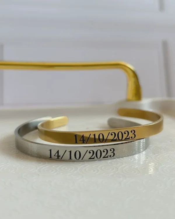 Personalised Matching Date Gold & Silver Couple Cuff Bangle Set
