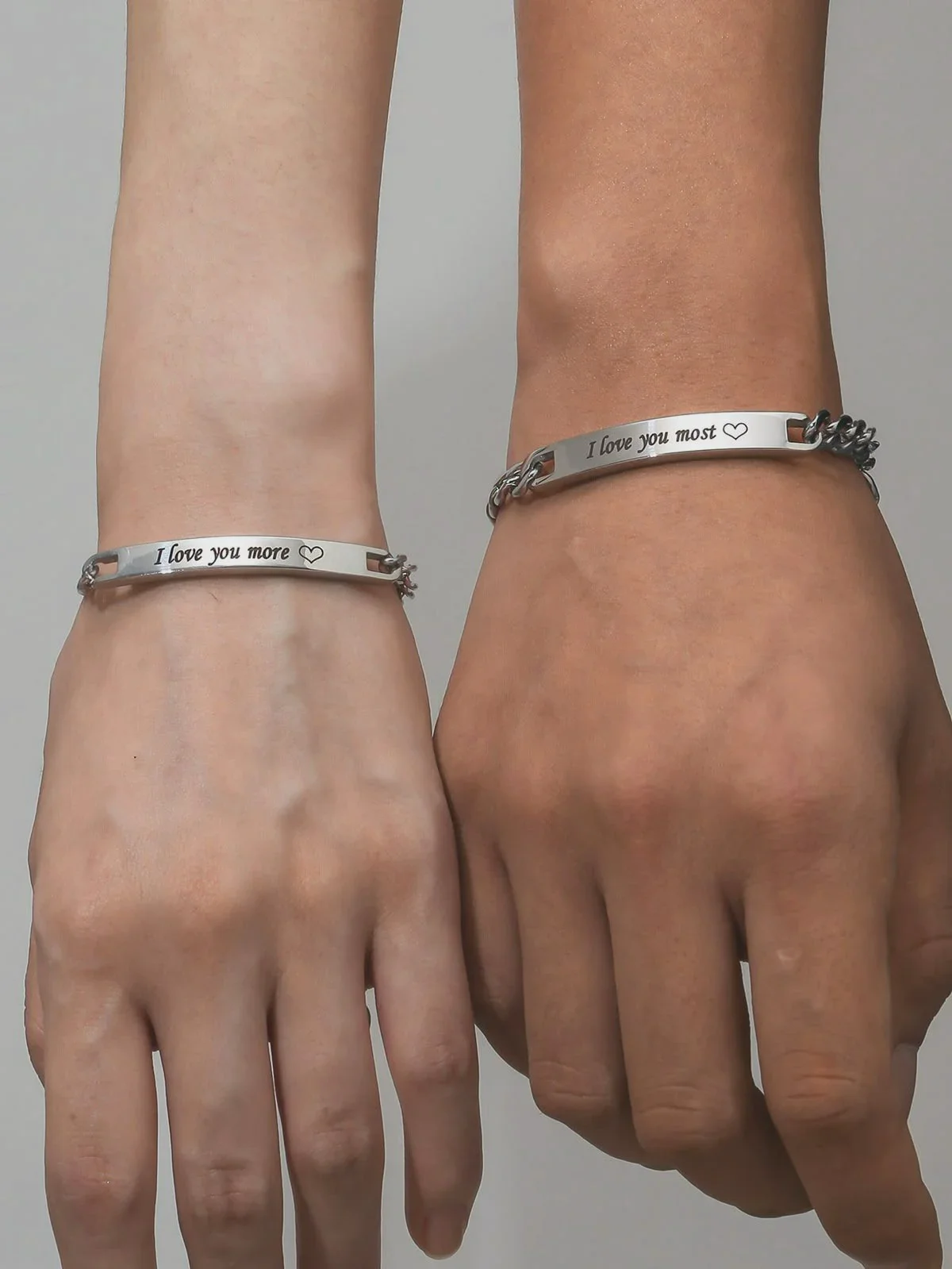 Personalised "I Love You More / Most" Couple Silver ID Bracelets
