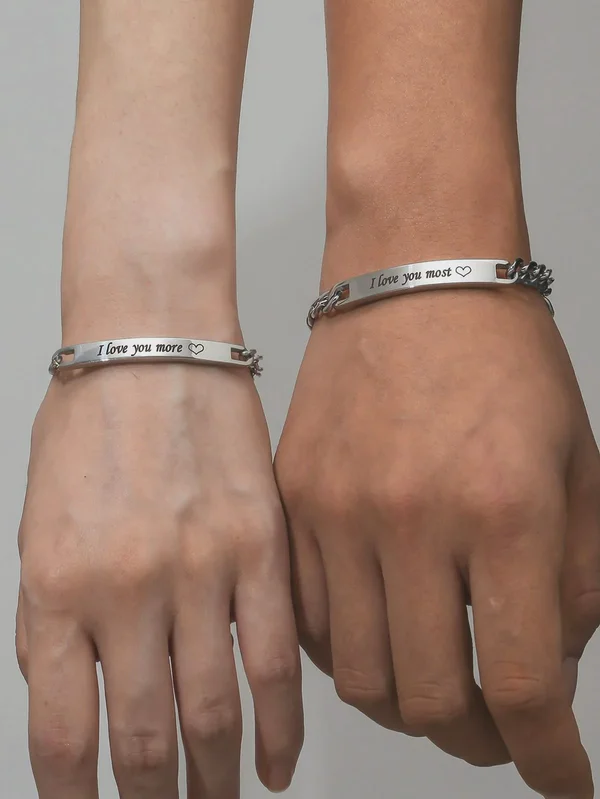 Personalised "I Love You More / Most" Couple Silver ID Bracelets