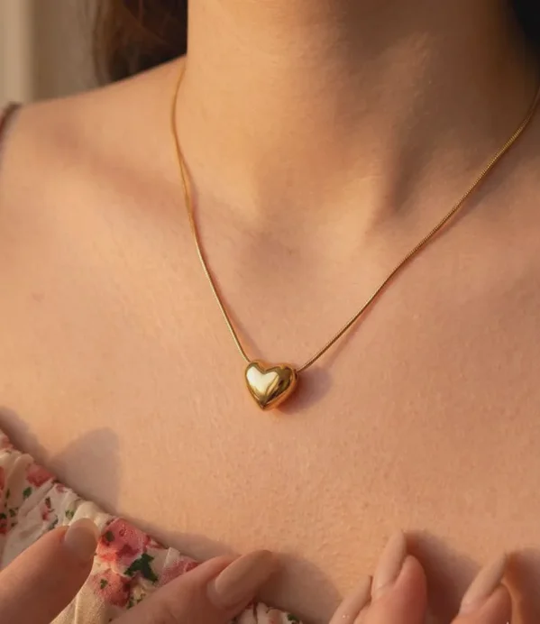 Chubby 3D Puffy Heart 18K Gold Snake Chain Necklace