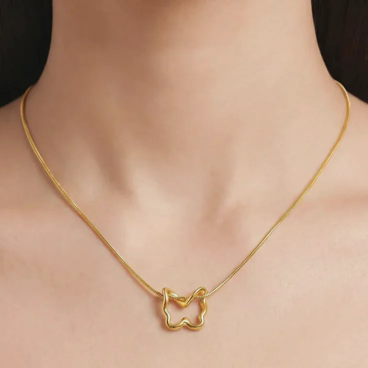 Delicate Floating Butterfly Outline 18K Gold Snake Chain Necklace