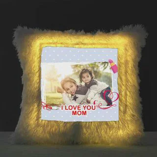 Personalised Square LED Glow Fur Photo Cushion ("I Love You Mom")