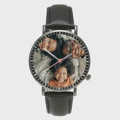Personalised Classic Black Leather Strap Photo Watch