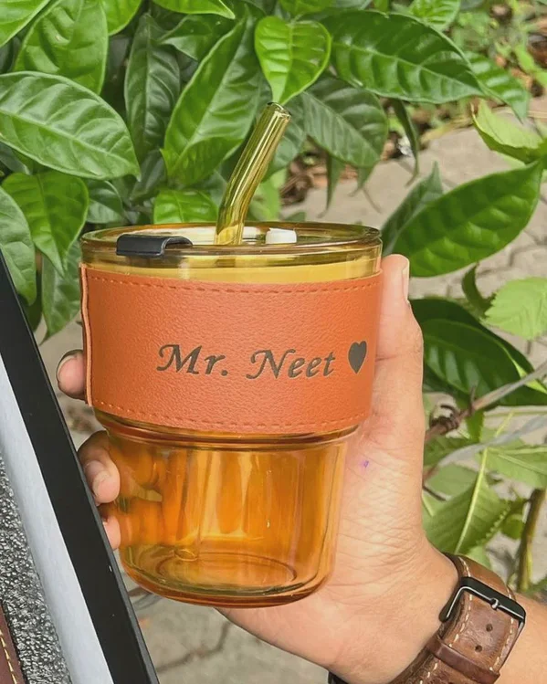 Personalized Glass Sipper Tumbler with Custom Name | 435ml Glass Drinking Cup with Premium Brown Leather Sleeve, Lid & Reusable Straw | Stylish Gift for Home, Office & Travel | Birthday & Corporate Gifting