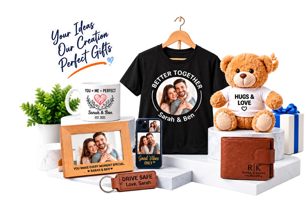 Personalized Gifts Showcase - Custom T-Shirt, Mug, Teddy Bear, Wooden Photo Frame, Keychain, Phone Case, and Leather Wallet
