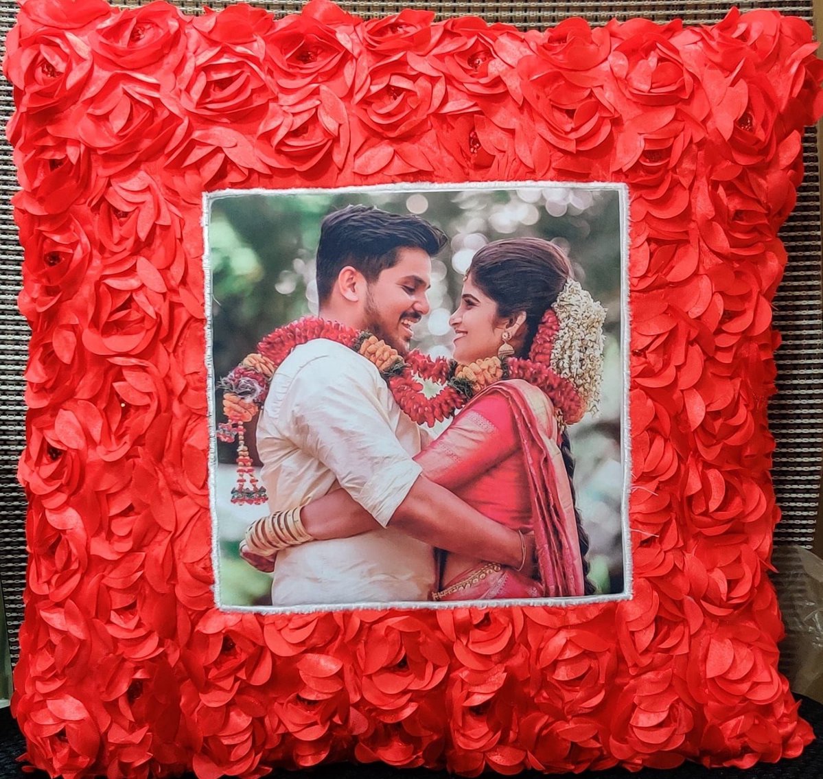 Personalised Red Rose Ruffle Petal Cushion (Heart & Square)
