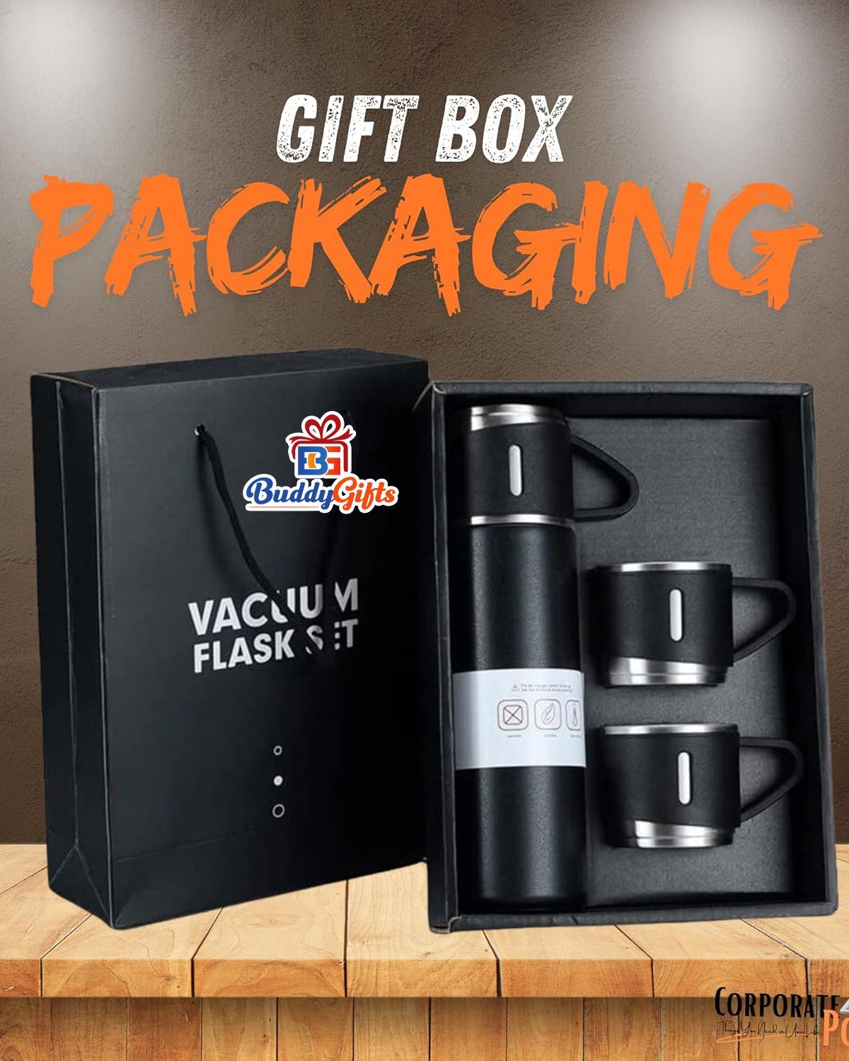 Personalised Vacuum Flask & 3 Cups Corporate Gift Set (500ml)