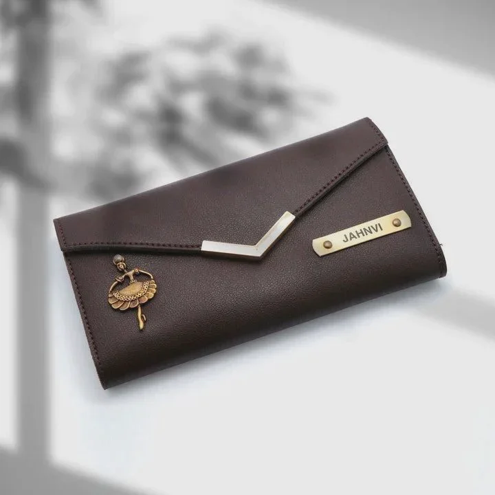 Personalised Women's Envelope Clutch Wallet with Nameplate & Charm