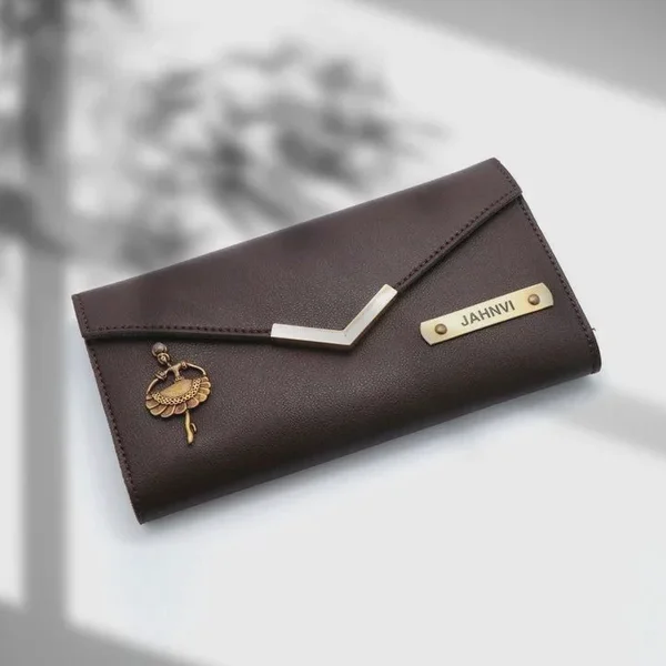 Personalised Women's Envelope Clutch Wallet with Nameplate & Charm